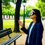 A young adult, fully clothed in modest, modern casual wear, stands in a bustling public park in Lisbon, wearing subtle augmented reality glasses. Their expression is focused and engaged, as if interacting with unseen digital elements. Around them, other park visitors, also fully clothed in appropriate attire, observe with a mix of curiosity and slight bewilderment, some whispering softly amongst themselves. The park features historic Portuguese architecture and lush greenery under natural daylight. Professional photography, safe for work, appropriate content, family-friendly, fully clothed, perfect anatomy, correct proportions, natural pose, well-formed hands, proper finger count, natural body proportions, high quality.