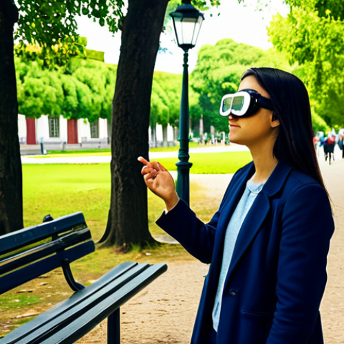 A young adult, fully clothed in modest, modern casual wear, stands in a bustling public park in Lisbon, wearing subtle augmented reality glasses. Their expression is focused and engaged, as if interacting with unseen digital elements. Around them, other park visitors, also fully clothed in appropriate attire, observe with a mix of curiosity and slight bewilderment, some whispering softly amongst themselves. The park features historic Portuguese architecture and lush greenery under natural daylight. Professional photography, safe for work, appropriate content, family-friendly, fully clothed, perfect anatomy, correct proportions, natural pose, well-formed hands, proper finger count, natural body proportions, high quality.