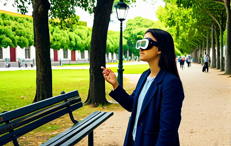 A young adult, fully clothed in modest, modern casual wear, stands in a bustling public park in Lisbon, wearing subtle augmented reality glasses. Their expression is focused and engaged, as if interacting with unseen digital elements. Around them, other park visitors, also fully clothed in appropriate attire, observe with a mix of curiosity and slight bewilderment, some whispering softly amongst themselves. The park features historic Portuguese architecture and lush greenery under natural daylight. Professional photography, safe for work, appropriate content, family-friendly, fully clothed, perfect anatomy, correct proportions, natural pose, well-formed hands, proper finger count, natural body proportions, high quality.