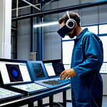 A professional maintenance engineer, wearing a modest work jumpsuit and an AR headset, skillfully interacts with a large industrial machine on a modern factory floor in central Portugal. Dynamic holographic overlays display real-time diagnostic data, intricate schematics, and step-by-step repair instructions directly within his field of vision. The setting is a clean, well-lit Portuguese manufacturing plant, emphasizing technological advancement and efficiency. The engineer is fully clothed, appropriate attire, natural pose, perfect anatomy, well-formed hands, proper finger count, correct proportions, safe for work, appropriate content, professional, high-quality, family-friendly.