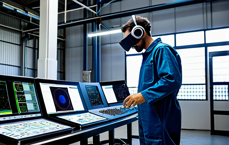 A professional maintenance engineer, wearing a modest work jumpsuit and an AR headset, skillfully interacts with a large industrial machine on a modern factory floor in central Portugal. Dynamic holographic overlays display real-time diagnostic data, intricate schematics, and step-by-step repair instructions directly within his field of vision. The setting is a clean, well-lit Portuguese manufacturing plant, emphasizing technological advancement and efficiency. The engineer is fully clothed, appropriate attire, natural pose, perfect anatomy, well-formed hands, proper finger count, correct proportions, safe for work, appropriate content, professional, high-quality, family-friendly.