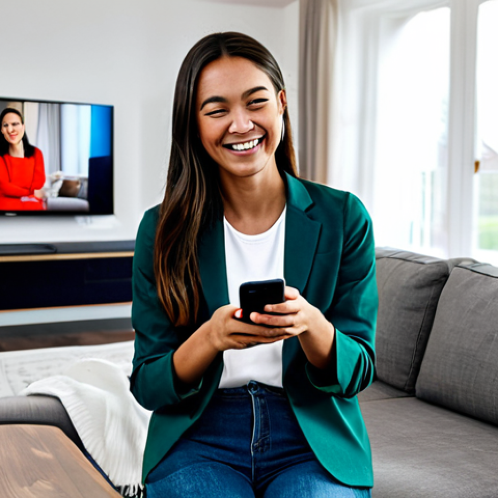 AR Product Experience**

"A fully clothed woman in her late 20s, wearing casual, modest attire, smiles as she uses her smartphone in her living room. Projected via AR onto her phone's screen is a realistic rendering of a new sofa, seamlessly integrated into her living room environment. The room is brightly lit and decorated in a modern style. Safe for work, appropriate content, perfect anatomy, natural proportions, professional, modest, family-friendly, showcasing innovative technology for home decor."

**