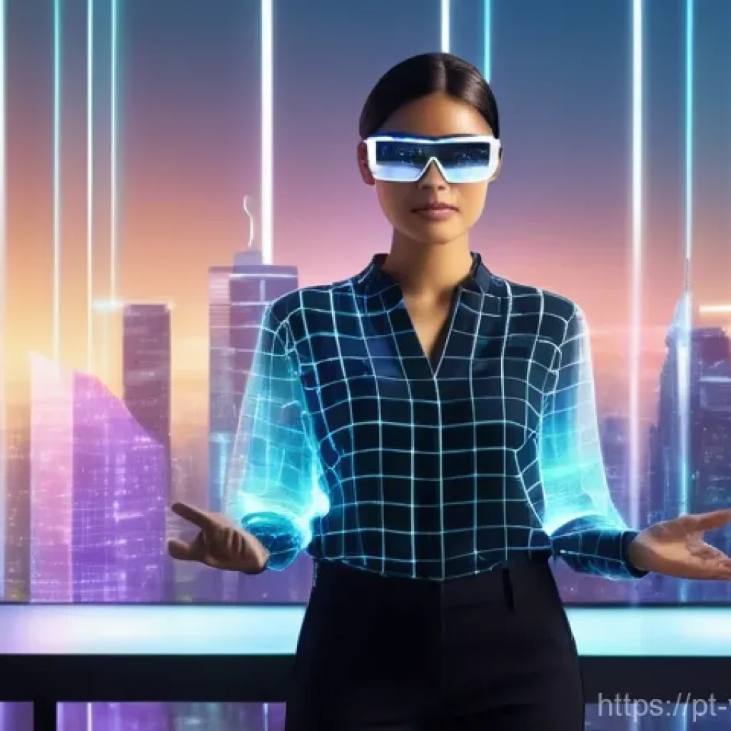 증강 현실과 가상 현실의 사용자 인터페이스 - **Prompt: "Dynamic female professional, in her late 20s, with a modern haircut and dressed in smart-...