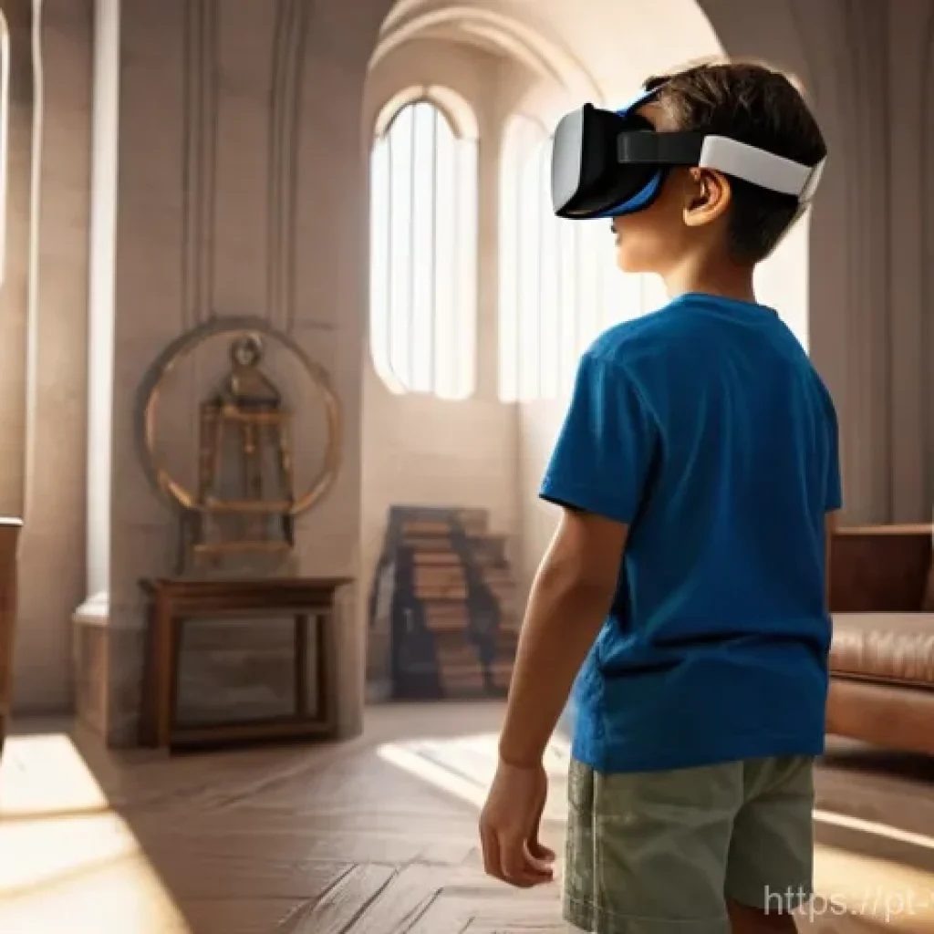 가상 현실 기술의 사회적 영향 - **Immersive History Lesson:** A bright and engaging image showing a 10-year-old Brazilian boy, dress...