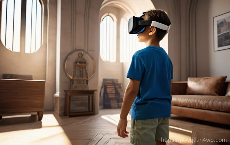 가상 현실 기술의 사회적 영향 - **Immersive History Lesson:** A bright and engaging image showing a 10-year-old Brazilian boy, dress...