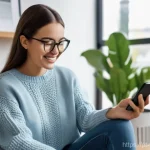 증강 현실의 경제적 효과 분석 - A young, smiling woman in her late 20s, dressed in stylish casual clothes (jeans and a comfortable s...
