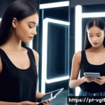 증강 현실이 소매업에 미치는 영향 - **Prompt:** A young, stylish woman in her early twenties, dressed in a sleek, fitted black tank top ...