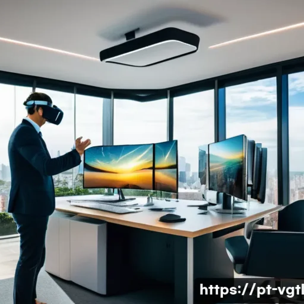 가상 현실 플랫폼의 진화와 경쟁력 - A futuristic scene inside a Brazilian corporate office where professionals are using advanced wirele...