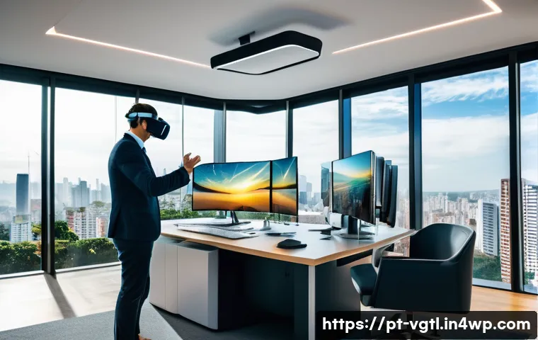가상 현실 플랫폼의 진화와 경쟁력 - A futuristic scene inside a Brazilian corporate office where professionals are using advanced wirele...