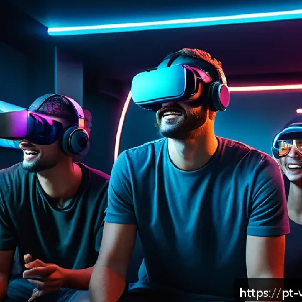 가상 현실 산업 투자 전략 - A futuristic VR gaming lounge filled with diverse young adults wearing sleek VR headsets and casual ...
