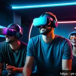가상 현실 산업 투자 전략 - A futuristic VR gaming lounge filled with diverse young adults wearing sleek VR headsets and casual ...