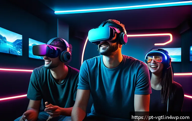가상 현실 산업 투자 전략 - A futuristic VR gaming lounge filled with diverse young adults wearing sleek VR headsets and casual ...